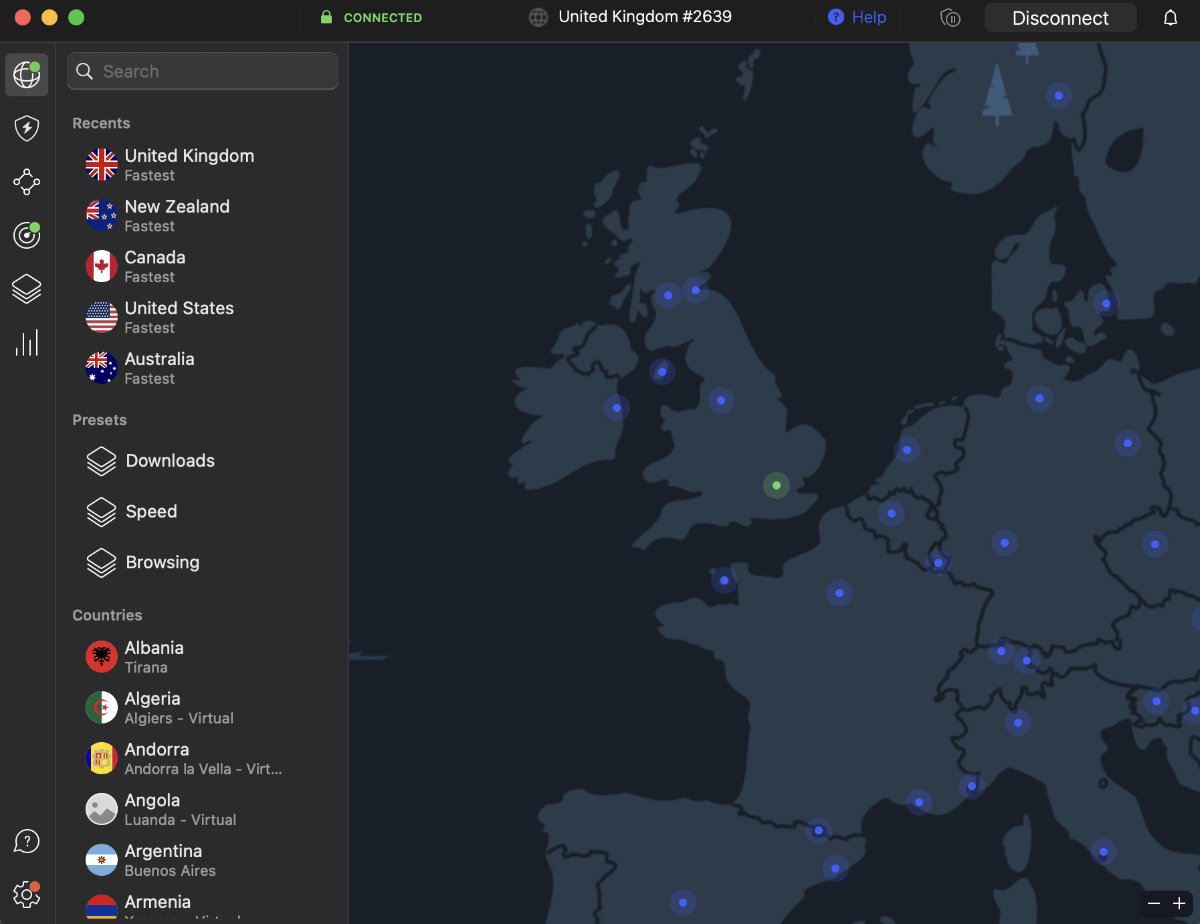 Connecting to the UK server using a VPN